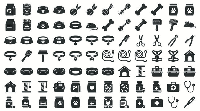 Fine-line vector graphics emphasizing veterinary medical checkups for rescued animals, dietary management, and successful pet rehoming celebrations