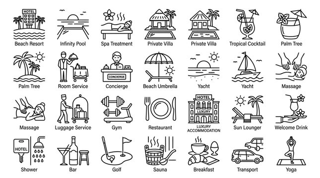 Line art compositions depicting tropical getaway experiences, sunbathing lounges, outdoor swimming pool layouts, and seaside leisure activities