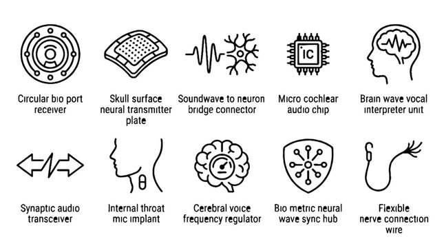 Futuristic neural implant and brain computer interface technology icon set with technical descriptions.