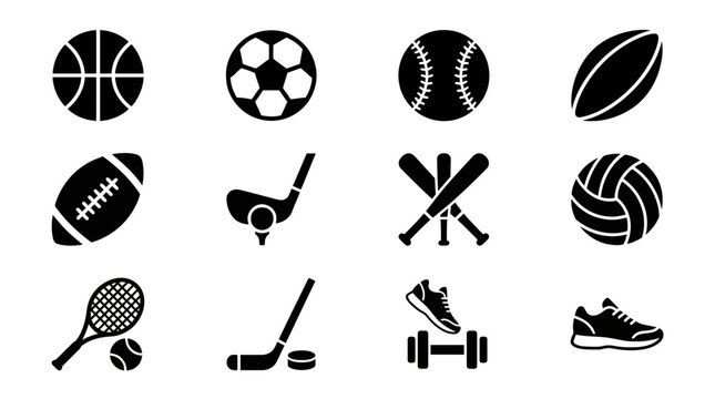 Heavy-contrast vector fills illustrating specific sporting projectiles, rackets, and footwear required for professional tournament gameplay