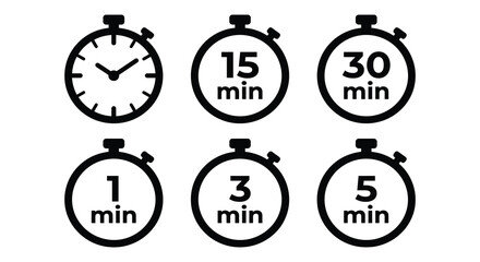 Fototapeta premium Stopwatch Icons With Minute Timers Flat Black Silhouette On White Background