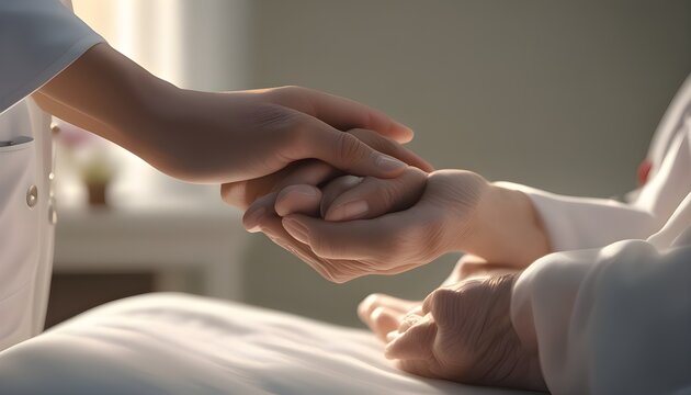 Photorealistic palliative care nurse holding dying patient hand in peaceful hospice room, end of life, representing nursing care, patient support, and medical assistance
