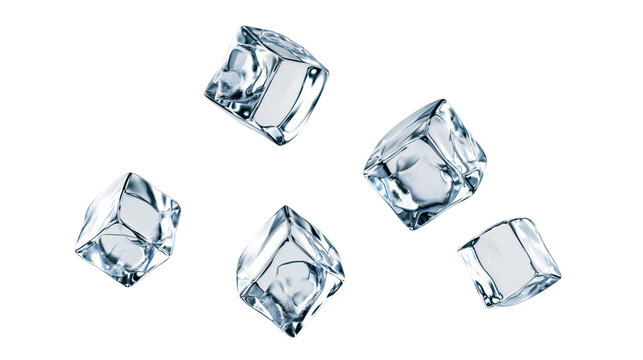 Clear ice cubes falling and floating in air