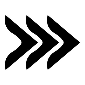 Minimalist black triple arrow icon, modern directional chevron symbol, geometric fast forward sign for web interface and navigation