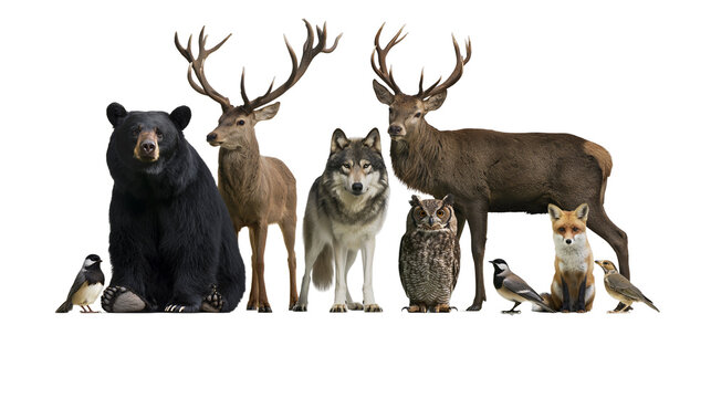 Forest animals collection bear deer wolf owl fox, birds