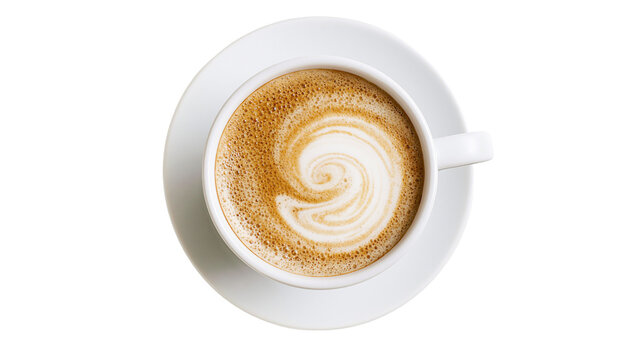 Cappuccino coffee with latte art swirl in white cup and saucer