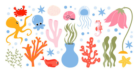 Ocean Animal Sticker Set in Flat Cartoon Style. Octopus, crab, jellyfish, seahorse, fish, coral reef, seaweed, starfish, seashell and underwater flora © Melofumi