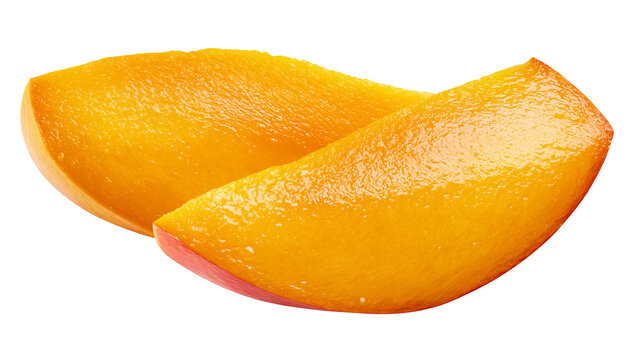 Two ripe mango slices with vibrant orange flesh and pinkish skin