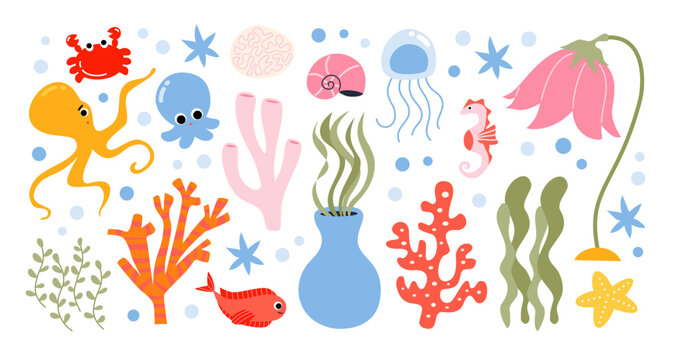 Ocean Animal Sticker Set in Flat Cartoon Style. Octopus, crab, jellyfish, seahorse, fish, coral reef, seaweed, starfish, seashell and underwater flora