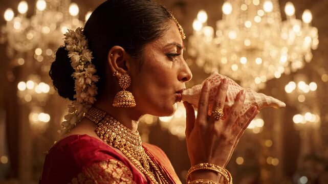 Elegant indian woman blowing a conch shell in a golden lit wedding hall with bokeh chandeliers.