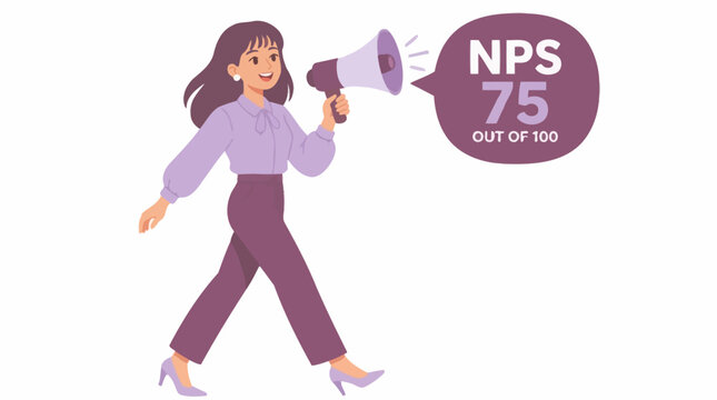 Woman holding megaphone with NPS score graphic.