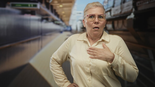 Woman with hand on chest and startled expression on cruise boat deck near rail and cargo crates; surprise.
