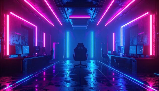 A futuristic gaming room with neon blue and pink lights, multiple computer monitors, and racing-style chairs.