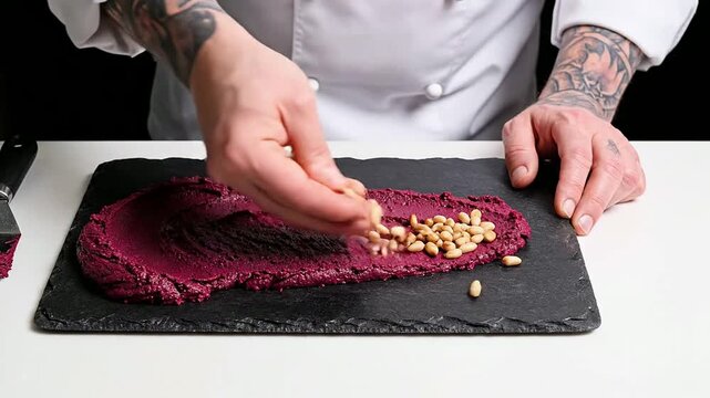 Chef Preparing Vibrant Beet Hummus with Small Offset Spatula on Dark Stone Board, Showcasing Culinary Skill and Food Presentation Techniques in High-Quality 4K Visuals