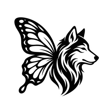 Creative fusion of wolf head and butterfly wing.