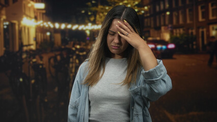 Fototapeta premium Woman with hand on forehead on a city street at night, eyes closed and head tilted, showing discomfort and possible headache; fatigue.