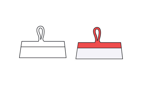 A vector drawing of a wide putty knife or scraping tool used for drywall plastering, displaying a blank outline next to a colored version with a bright red handle grip.