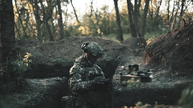 A Ukrainian pilot in full gear and body armor, with an FPV strike drone, near a dugout.