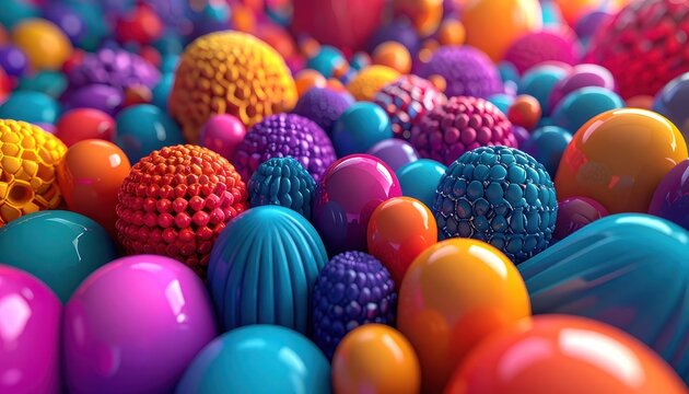 A vibrant and colorful abstract background filled with a variety of spheres and textured orbs in diverse shades of pink, blue, purple, orange, and yellow, creating a playful and artistic composition.