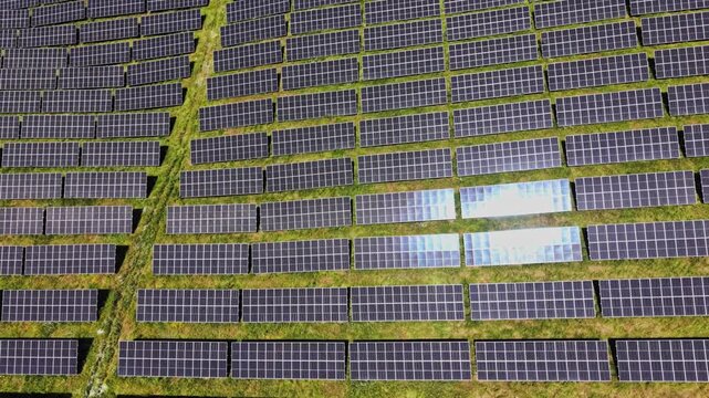 Rows of solar panels are aligned in a field, focused on generating renewable energy. The setting shows an open area with grass around the panels during daylight.