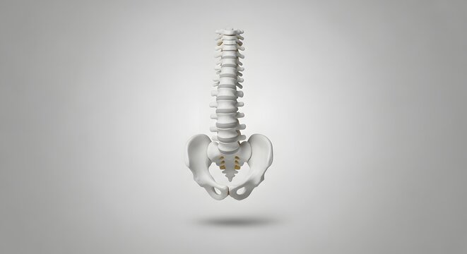 Human spine and pelvis bone model on gray background, anatomical vertebral column for medical education, orthopedic skeletal structure for healthcare