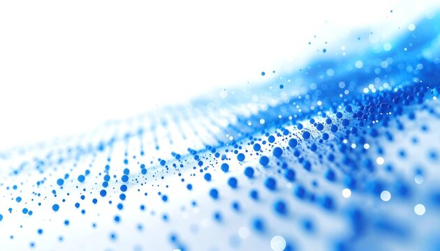 An abstract blue wave of glowing particles receding into the distance against a white background.
