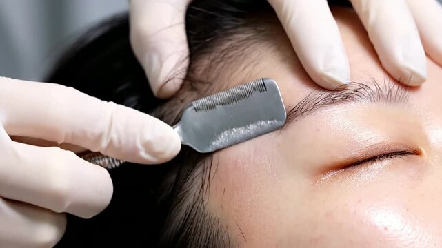 Close-Up Dermaplaning Procedure on Temple by Skilled Beautician Using Surgical Tool in Clinical Environment