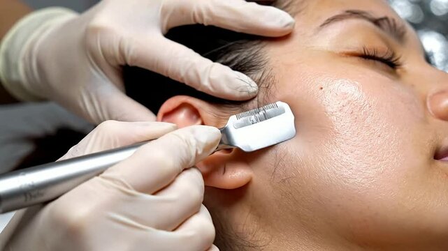 Close-Up Dermaplaning Treatment Near Ear and Sideburn, Beauty and Skincare Procedure Performed by Gloved Hands in Clinical Spa Setting