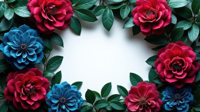 luxurious floral frame with jewel toned flowers and dark foliage for elegant text overlay mock up naturalistic design studio shot