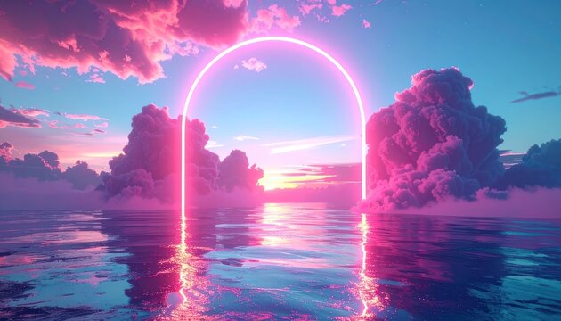 A vibrant neon archway frames a surreal sunset over a tranquil ocean with dramatic pink clouds.