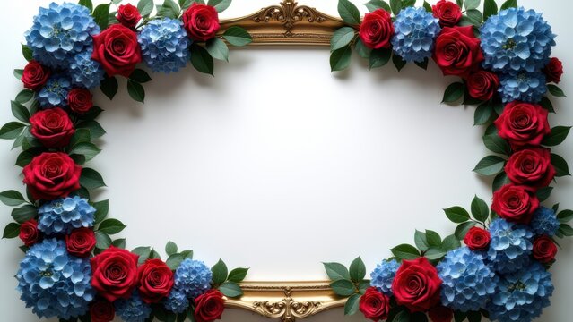 breathtaking symmetrical jewel tone floral arrangement framing empty space for elegant wedding invitation mockups and editorial design