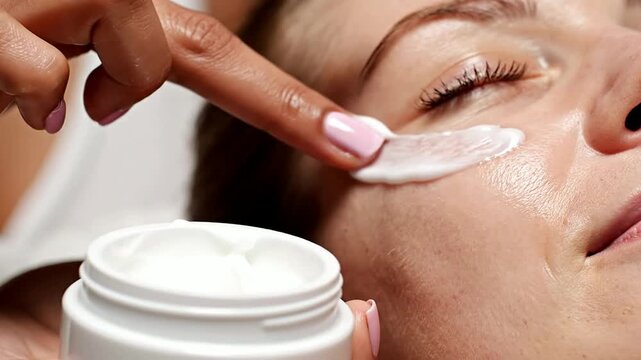 Close-Up Macro Shot Of A Hand Applying Cream On Facial Skin During A Skincare Routine Treatment In A Relaxing Spa Environment