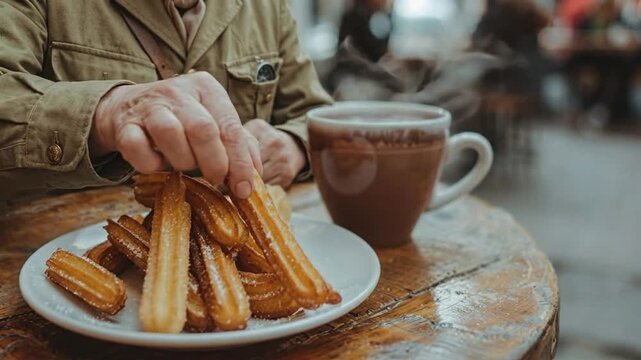 Person dipping churros into a cup of rich hot chocolate at a cafe.