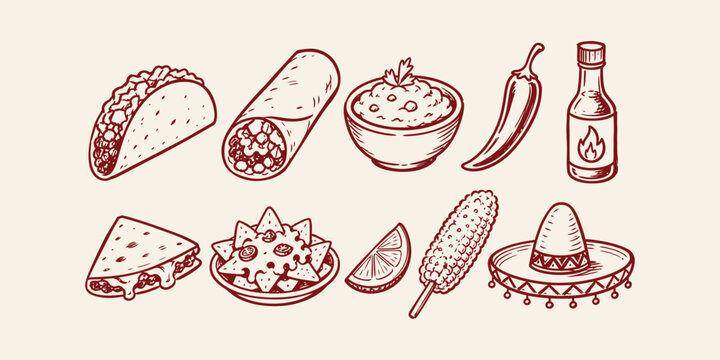 Mexican food traditional cuisine elements doodle icon set with taco burrito nachos quesadilla guacamole hot sauce and sombrero vector illustration
