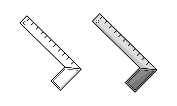 An athletic and clean digital drawing of an L-shaped try square engineering ruler, featuring a black-and-white outline version next to a metallic gray colored version.