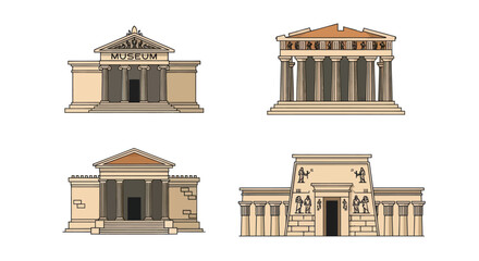 Obraz premium Ancient temple and museum architectural icons set.