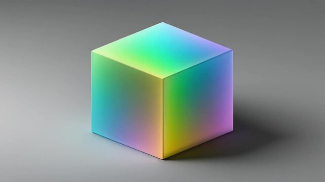 A vibrant, geometric cube rendered with a smooth gradient of rainbow colors. It sits on a simple gray surface