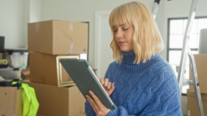 Woman holding tablet and tapping screen amid stacked moving boxes inside a building with ladder and packing supplies visible  focused transition. © Krakenimages.com
