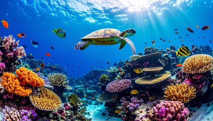 Fototapeta premium Colorful underwater scene featuring thriving coral reefs and diverse marine life in crystal-clear tropical waters, ideal for environmental, ocean conservation, travel, and nature-related projects.