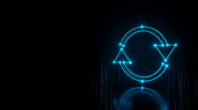 Stylized glowing blue arrows and triangle forming a recycling loop symbol against a dark, futuristic backdrop.