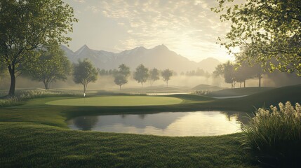 Obraz premium A serene golf course at sunrise features rolling greens, misty hills in the background, tranquil ponds, and a beautiful mountain landscape