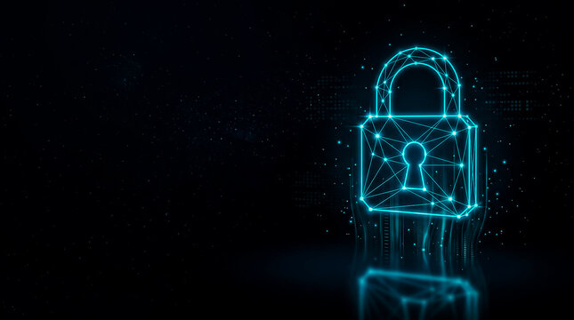 Illuminated padlock symbolizing digital security, data protection, and encryption in a futuristic tech environment.