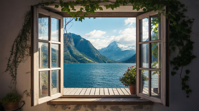 An open window frames a serene lake scene with mountains and a deck