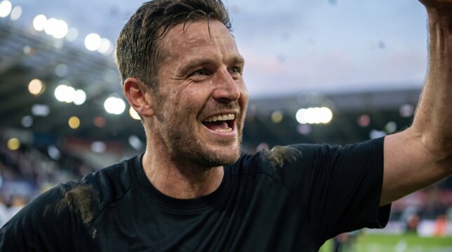 Hyper-realistic close-up portrait of an ecstatic adult man celebrating victory in a crowded sports stadium under bright floodlights