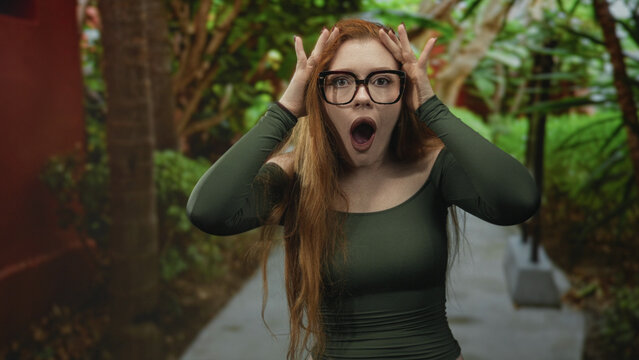 Redhead woman wearing oversized glasses and off-shoulder green top holds hands to head with mouth agape on a forest path lined with tropical foliage and concrete walkway; surprise discovery.