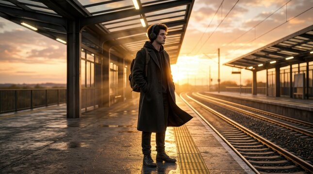 Train Travel Concept - Young Man with Headphones Waiting Alone on Railway Platform at Sunset