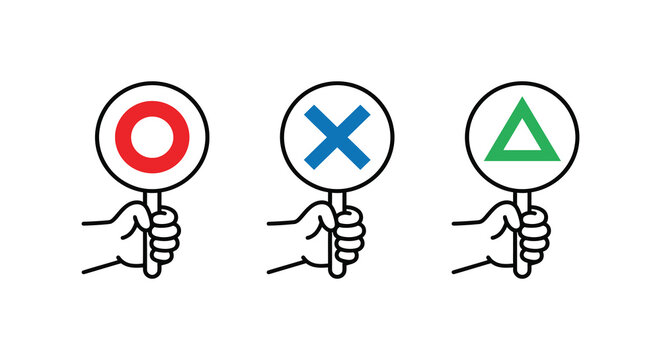 Hands holding circular signs with geometric shapes black line vector illustration