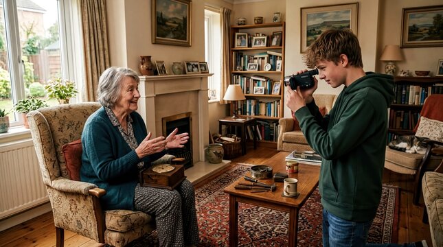 intergenerational storytelling, a cozy living room captures a teen filming their grandparent sharing stories of fixing things, bridging generations through conversation