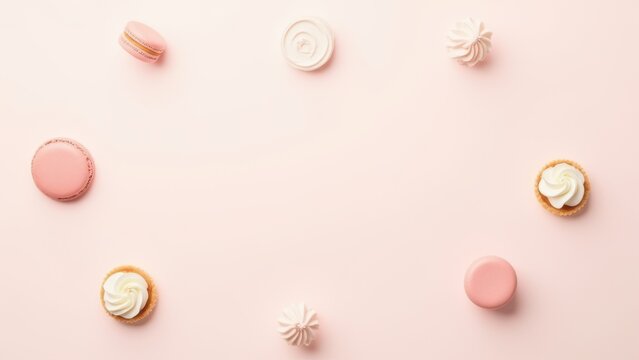 minimalist flat lay dessert arrangement of macarons tarts and cream on blush background ideal for bakery ads and clean design copy space
