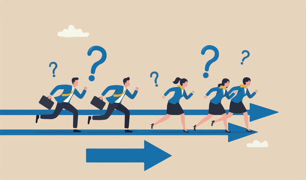 Business competition, contest or rivalry against competitors to sales victory, performance compare employees concept, businessman and woman meeting team compete running arrow racetrack